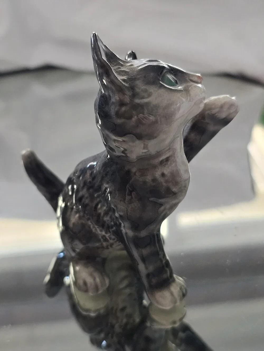 Vintage Goebel West Germany Glazed Gray Tabby Cat Figurine with Blue-Green Eyes